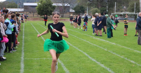 a BHS student in house colours running a relay race